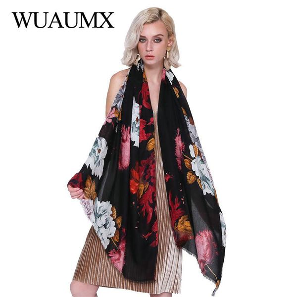 

wuaumx elegant foulard femme cotton linen scarf women floral peony print head scarfs satin scarves female autumn winter shawls