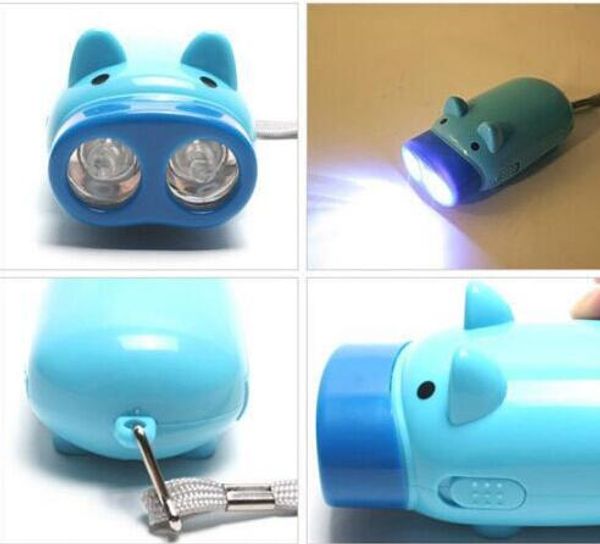 50pcs Dynamo lanternas de mão manual Pressionando alimentação 2 LED Protable Pig Shaped dos desenhos animados Torch Light Crank Wind Power Up For camping lâmpada