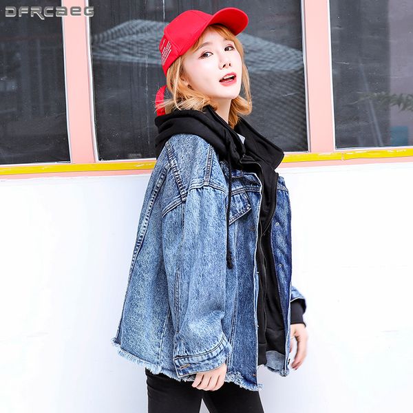 

patchwork hoodies jeans jacket women casual loose boyfriend denim bomber jackets fake two pieces overcoat vintage sweatshirt, Black;brown