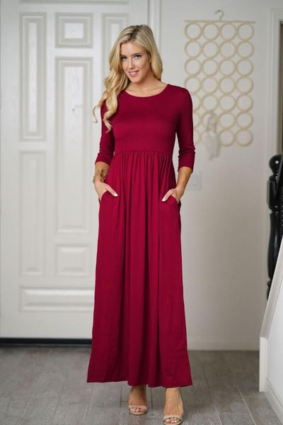 

burgundy solid maxi dress women casual long sleeve o neck a line wide hem long women dress autumn slim basic with pockets, White;black