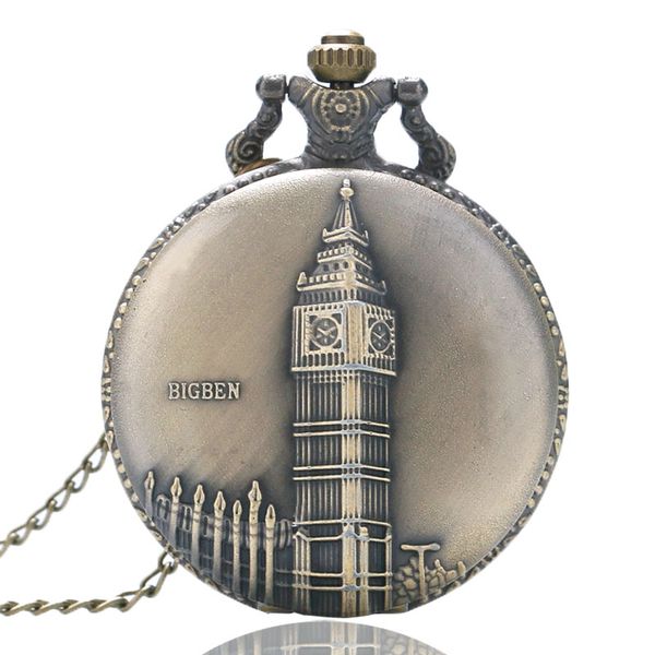 

fashion bronze 3d bigben design retro quartz pocket watch with neckchain for men women reloj de bolsillo montre de poche pw326, Slivery;golden