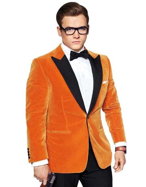 Maßgeschneiderte orangefarbene Samt-Bräutigam-Smoking-Männer formelle Anzüge Geschäftsmänner tragen Hochzeits-Abschlussball-Abendessen-Anzüge (Jacke + Hose + Krawatte + Gürtel) Nr. 640