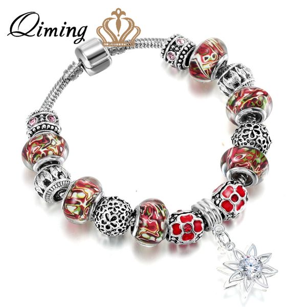 

qiming 2018 new stone red bracelet femme plastic silver metal crystal beads jewelry sun flower charms handmade women bracelets, Golden;silver
