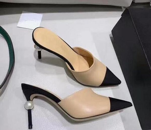 

2018 Pearl Extreme High Heels Women Leather Slippers Luxury Brand Beige Black Sandals Catwalk Heels Pumps Woman Dress Prom Shoes