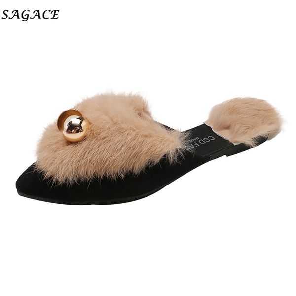 

sagace shoes women girls autumn and winter slippers ladies stretch fabric slip on sliders 1cm flat beaded wild cotton slippers, Black