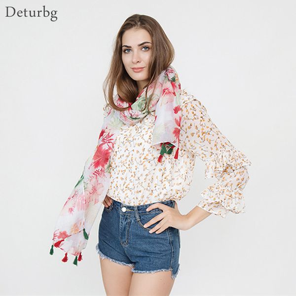 

deturbg fashion florals print scarf women's bandana cotton linen scarves women shawl tassel 2018 autumn hijabs aw29