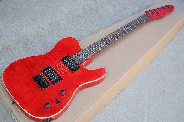 Rote E-Gitarre mit Palisandergriffbrett, Tigerahornfurnier, H-H-Tonabnehmern und schwarzer Hardware, kann individuell angepasst werden