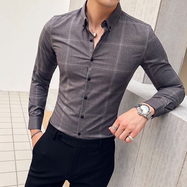 

autumn new dress shirt slim fit fashion social business casual temperament british wind long sleeve plaid shirt, White;black