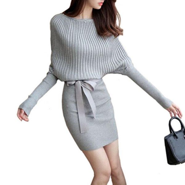 

women's sweater dress cotton bow elastic spring autumn black and gray knitted dresses vestidos belt party dresses new arrivals, Black;gray