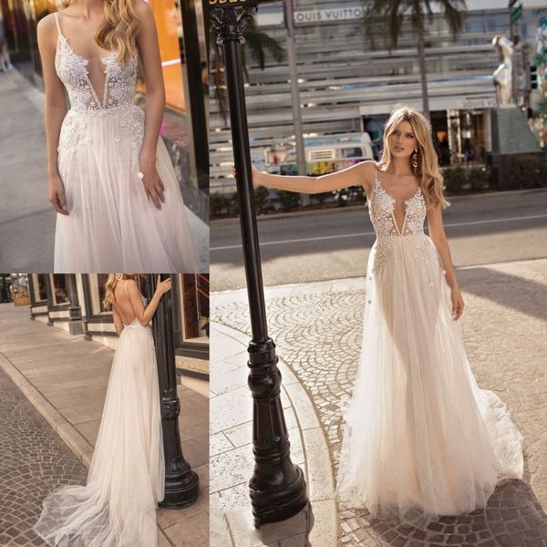 

2019 berta vestido de novia spaghetti straps wedding dresses bridal gowns lace applique bohemian wedding dress custom made, White