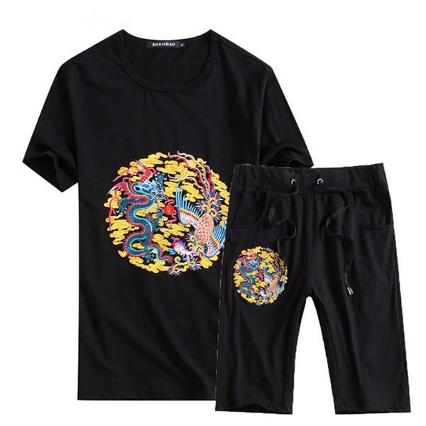 

2018 новая мода лето короткие наборы мужчины повседневная дракон феникс вышивка костюмы для мужчин китайский стиль костюм наборы футболка +б, Gray