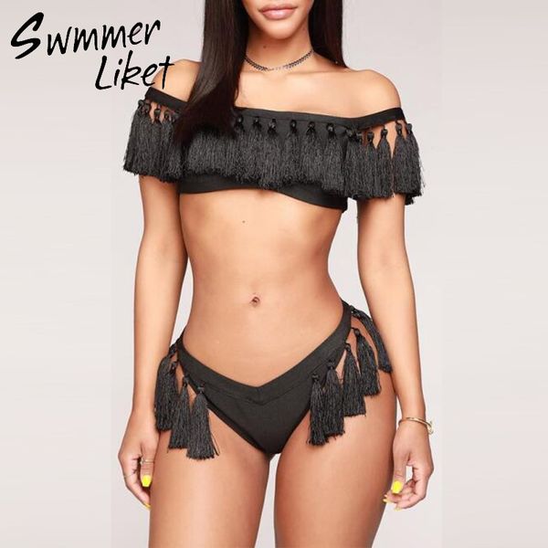 

tassel off shoulder bandeau bikini women 2019 solid micro bikini set swimsuit thong bottom swimwear female bathing suit, White;black