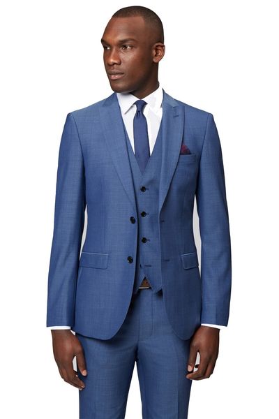 Novas Chegadas Dois Botão Blue Noivo TuxeDos Groomsmen Peak Lapel Best Man Blazer Homens Casamento Suits (Casaco + Calças + Vest + Gravata) H: 819
