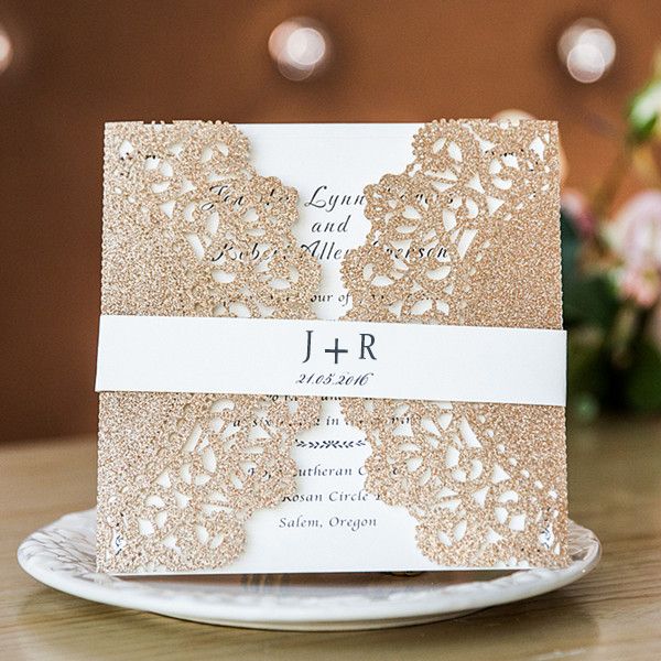 Rose Gold Glitter Wedding Invitations Customized Printing Laser