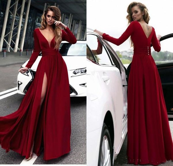 

Elegante Red Long Evening Dresses Long Sleeve V Neck Chiffon Floor Length Backless Evening Gowns Formal Women Special Occasion Party Dresses