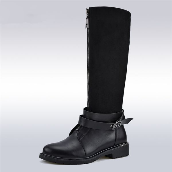 

flock leather fashion infront zip women boots buckle strap lady knee high boots soft low heel riding boots autumn winter, Black