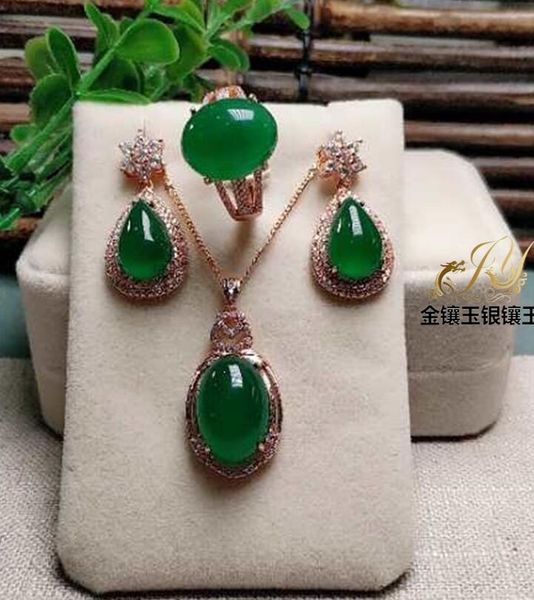 

natural species chalcedony jade pith set jewelry ring earring pendant three pieces set furong jade crystal, Black