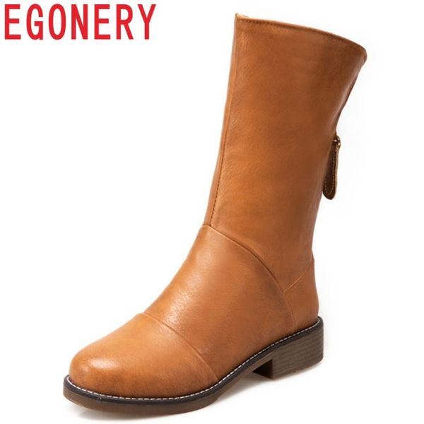 

egonery winter new popular casual low square heel zip round toe women shoes outside comfortable warm large size mid calf boots, Black