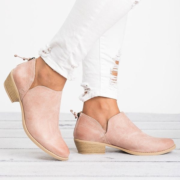 

women ankle boots 2018 autumn pointed toe women shoes square heel leather boots botas de mujer plus size 35-43, Black