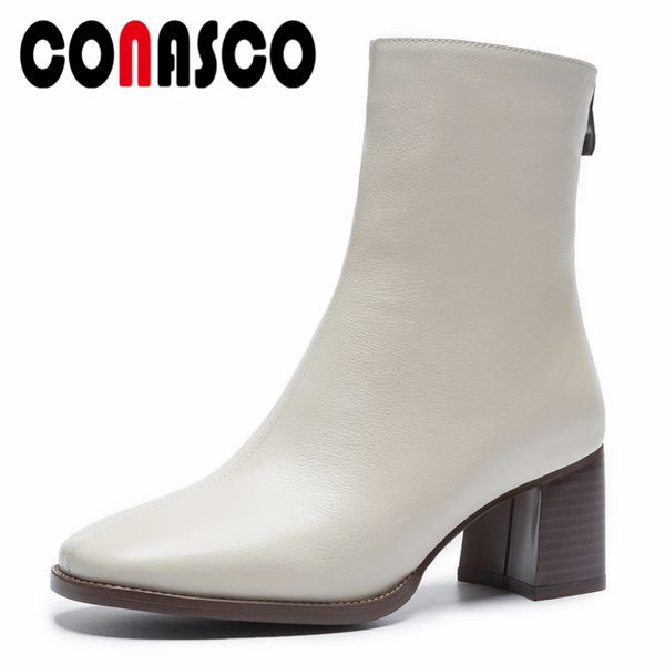 

conasco fashion women ankle boots autumn winter zipper shoes genuine leather knight boots female office pumps, Black