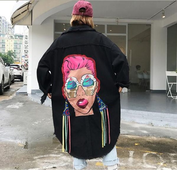 

streetwear women clothing vintage frayed hole print denim trench coat harajuku style loose windbreakers long outwear, Tan;black