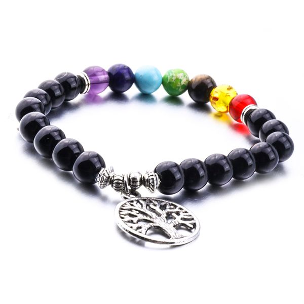 

8mm natural stone life tree 7 chakra bracelet tree of life charm strand bracelet for women men jewelry, Golden;silver