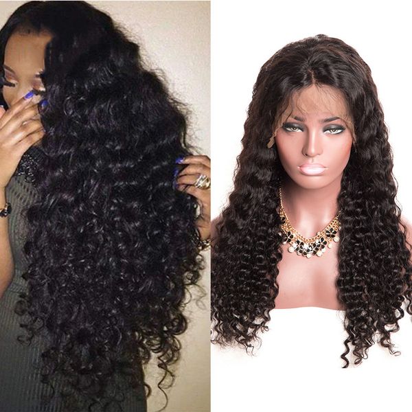 

lace front human hair wigs with baby hair deep curly brazilian virgin hair pre-plucked natural hairline lace front wigs for black women, Black;brown