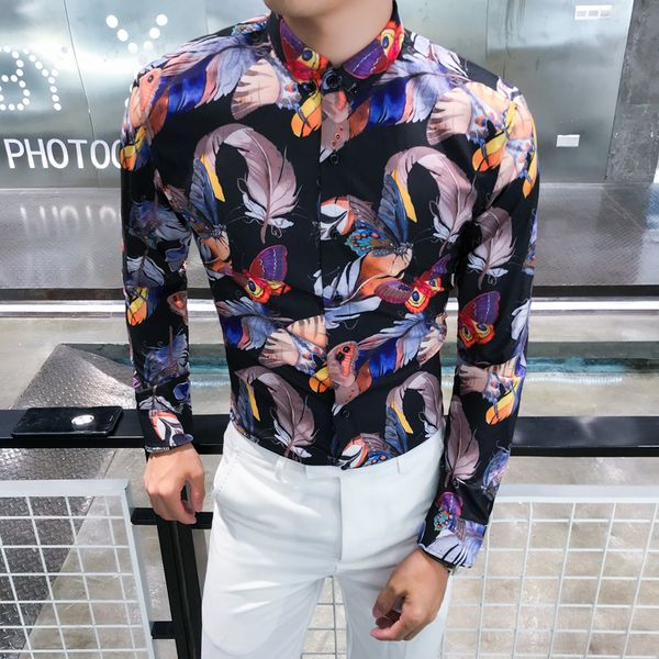 

new arrivals casual men shirt color feather printing long sleeve streetwear fancy clothes male slim fit soft camisa masculina, White;black