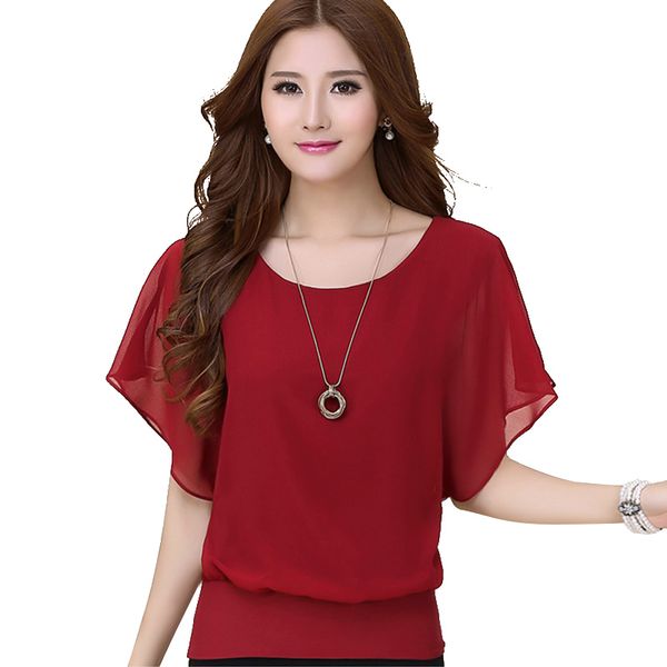 

elegant fashion 2018 women summer chiffon blouse plus size ruffle batwing short sleeve casual shirt black white red blue
