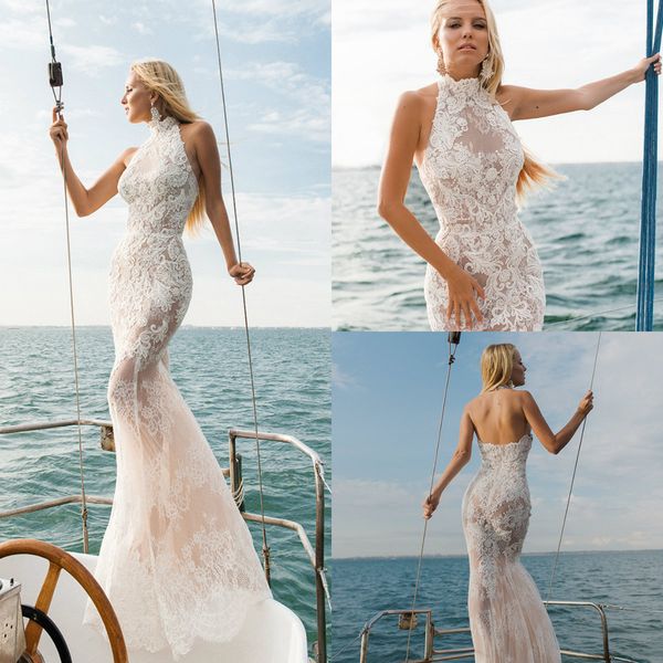 

ivory wedding dresses illusion lace appliques sweep train back beach bridal gowns high neck sleeveless plus size wedding dress, White