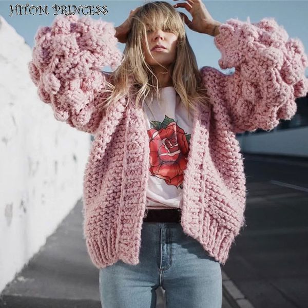 HITOM PRINCESS Lantern Sleeve Pompom Ball Knitted Sweaters Women Cardigan 2018 Handmade Warm Knit Jumper Oversized Outwear Coats