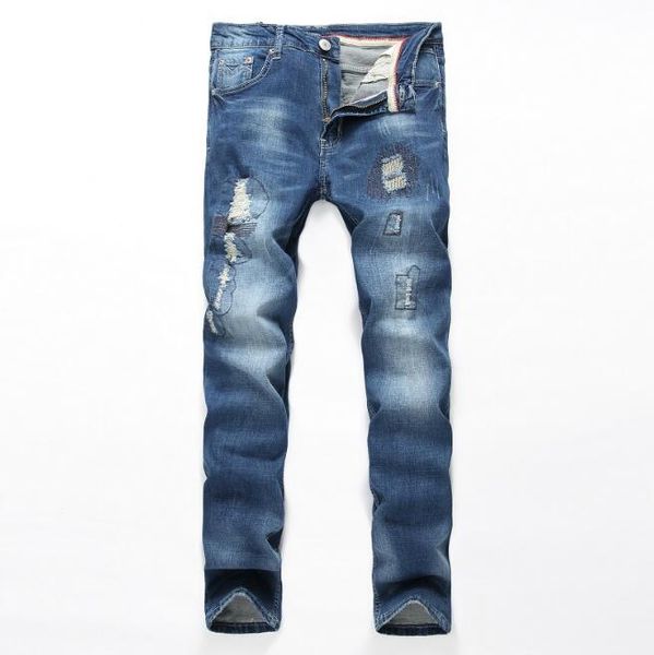 

euro-us style,men's fashion pants, biker,jeans,trousers casual ,slim fit,straight trousers, elasticity ,do old,beggar,hole, Blue