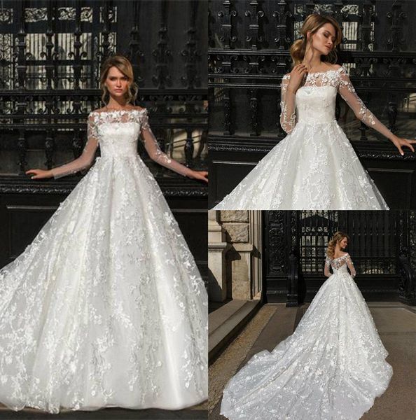 

кристалл дизайн очаровательные свадебные платья с рукавами кружева аппликация бато шеи sweep поезд свадебное платье свадебные платья для тол, White