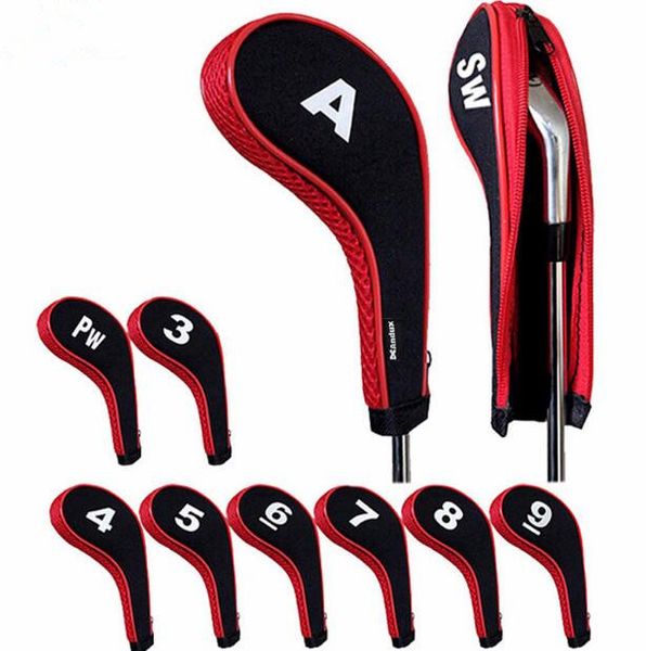 

10pcs rubber neoprene golf head cover golf club iron putter protect set number printed with zipper long neck