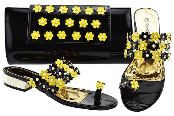 

most popular yellow low heel 3cm sandals with crystal and flower decoration african shoes match handbag set for dress jzc006