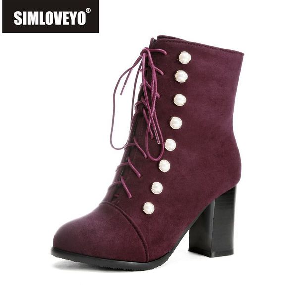 

simloveyo ankle boots female high heel lace-up buckle round toe boots for women plus size 34-48 shoes women botas feminina b1010, Black