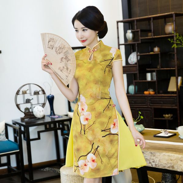 

short qipao cheongsams dress chinese traditional dress plus size summer flowers vintage oriental robes 2017, Red