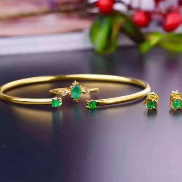 

fidelity natural colombia emerald 925 sterling silver jewelry sets natural green gem earring rings bracelet fine jewelry women, Black