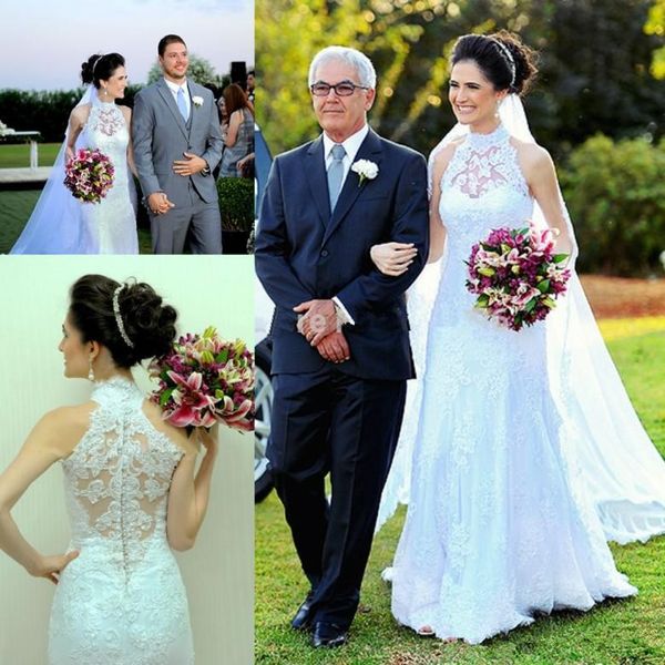 

романтические свадебные платья с высокой горловиной без рукавов на спине и аппликации кружева индивидуальные винтажные свадебные платья gard, White