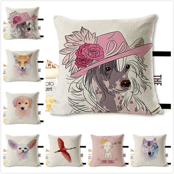 Watercolor Rabbit Fox Wolf Bird Animal Linen Pillowcase Cushion