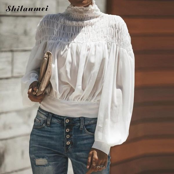 

gothic turtleneck women blouse and crop fashion lantern sleeve chiffon women's blouse white shirt femme blusa streetwear xl