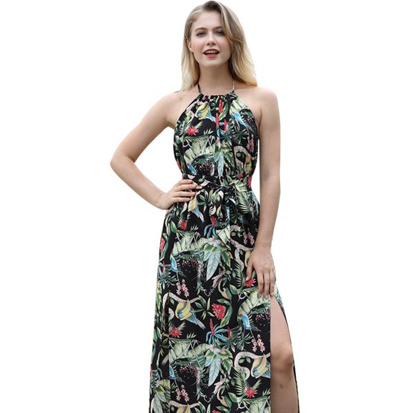 

european and american fashion dresses women's wear bohemia sling sun dress summer dacron print back beach skirt playa vestidos mujer, Black;gray