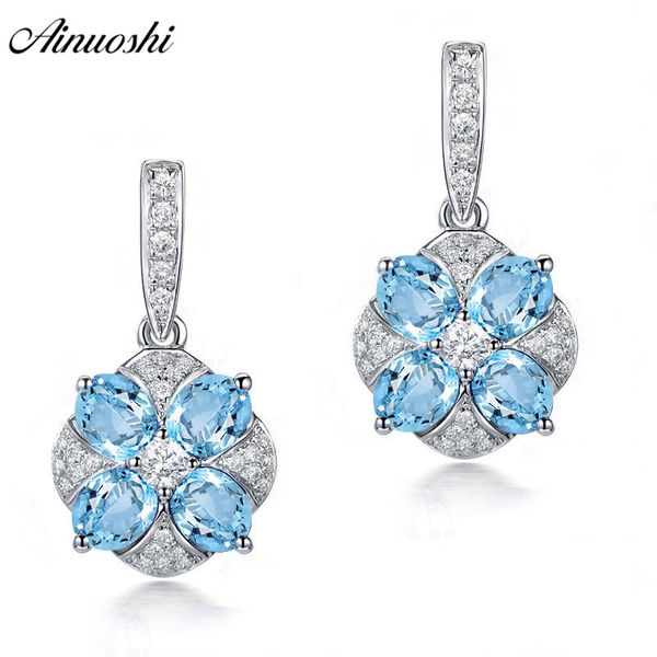 

ainuoshi natural blue z drop earring 2 carat gems push back silver earring trendy flower drop gift for women jewelry, Golden;silver