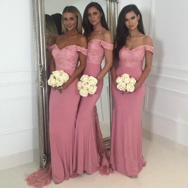 

dusty pink mermaid bridesmaids dresses 2018 country off shoulder cap sleeves lace beaded backless sweep train arabic wedding guest gowns, White;pink