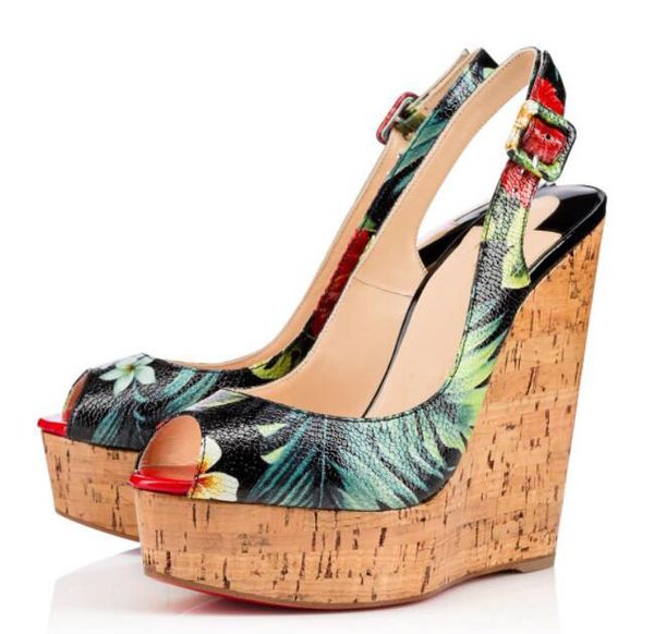 

perfect flower print leather red bottom wedges une plume sling peep toe slingback women's pumps lady high heels sandalias mujer eu35-42, Black
