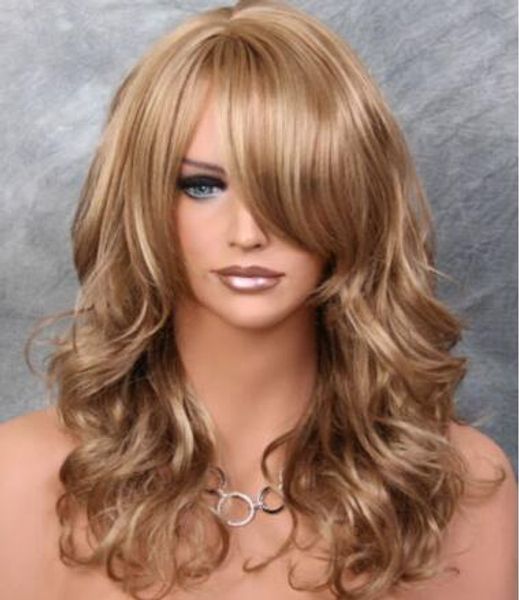 

blonde mix big curly wavy glamorous new wig w bangs bl 14-24, Black;brown