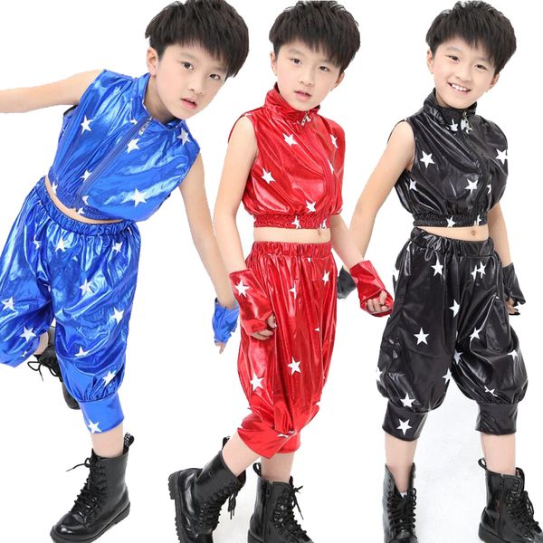 

boys children jazz dance clothing girls red stage dance costume sequined kids hip hop ballroom performance outfits with gloves, Black;red