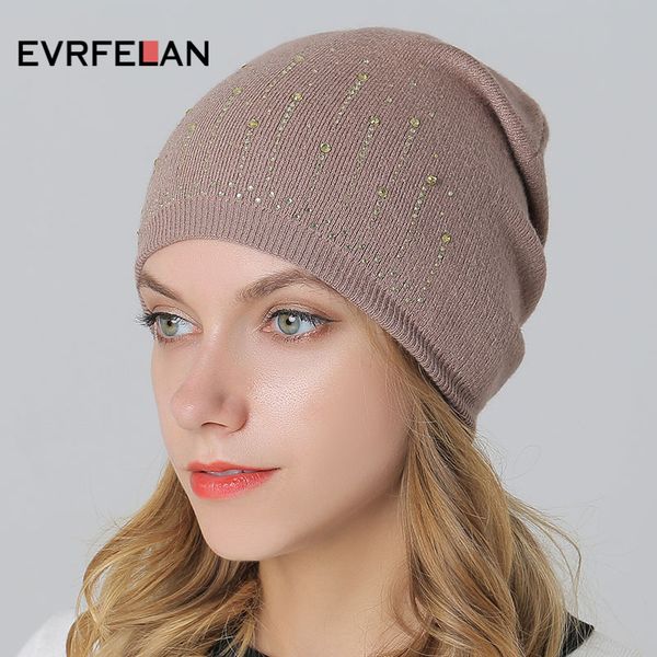 

evrfelan 2018 street fashion autumn winter hat for ladies knitting skullies&beanies hats rhinestone women bonnet, Blue;gray