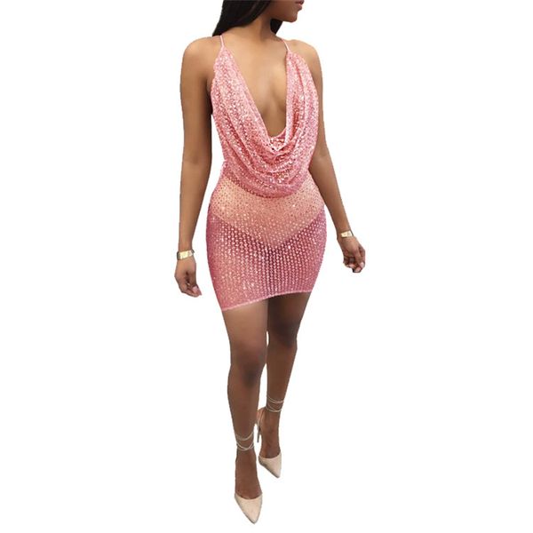 

pink sequined mesh bandage mini dress summer women v neck backless clubwear dress vestidos, White;black