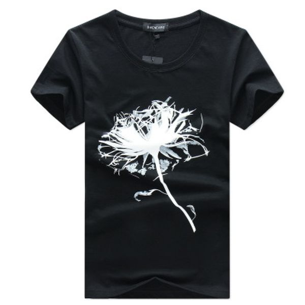 

Male Short T Shirt Single Floral Printed Men Summer Tee Cotton Solid Color Crew Neck Street Wear S-5XL